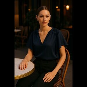 Philosophy‎ Woman Navy Flutter Sleeve Blouse Satin Ruffle Shoulder Top 1X Career